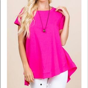 New Hot Pink Short Sleeve Tee with Asymmetrical Hem Detail Cotton Made in USA
